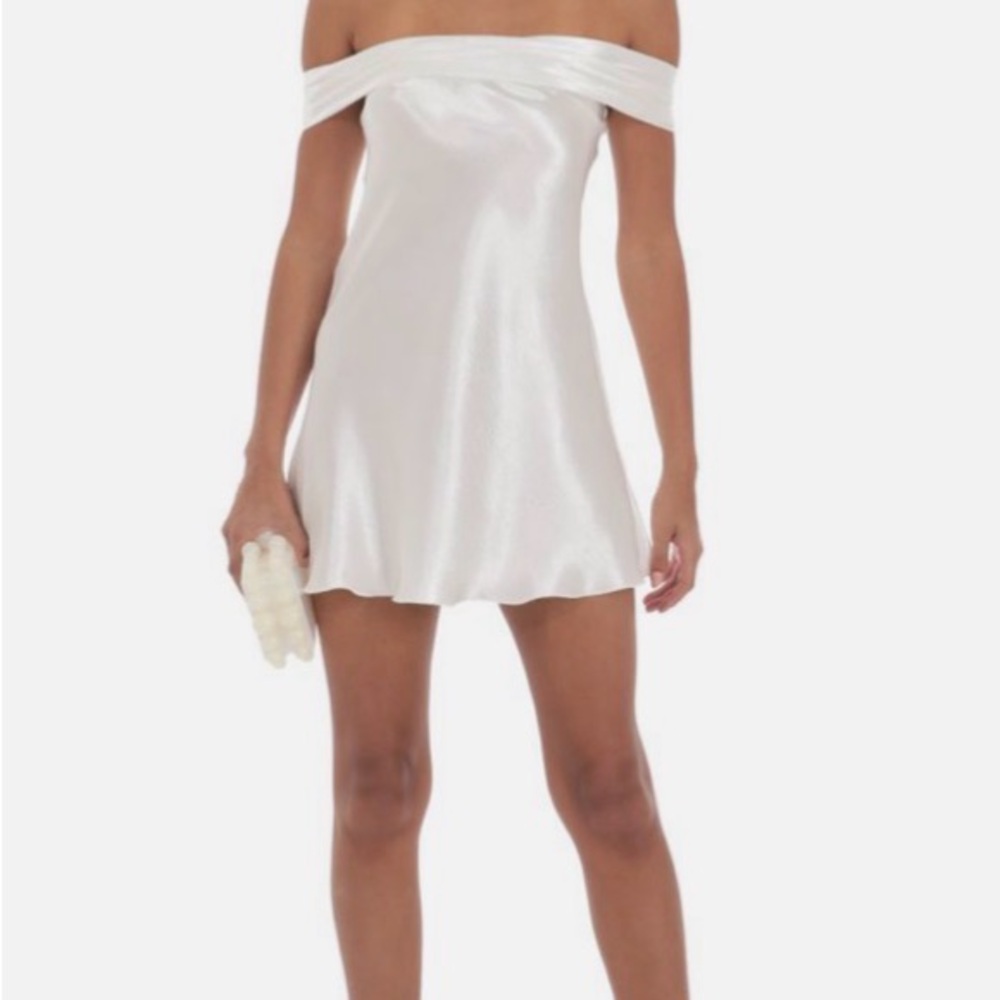 Satin Off-Shoulder Dress-White